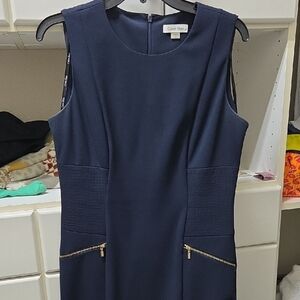 Calvin Klein Navy Sleeveless Midi Dress with Gold Zip Accents